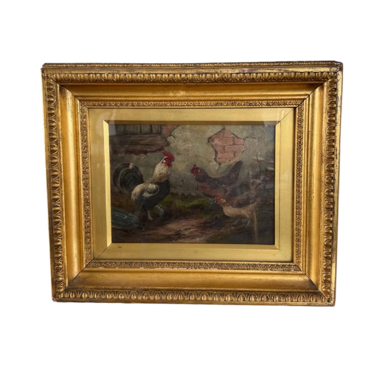 Dipinto ad Olio con Gallo e Galline Firmato E. S. England – Fine XIX Secolo-photo-1