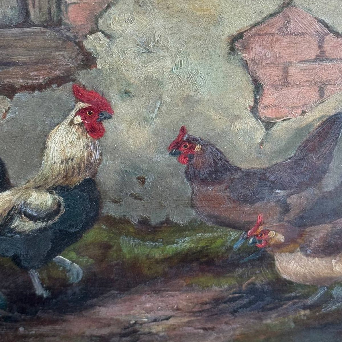 Dipinto ad Olio con Gallo e Galline Firmato E. S. England – Fine XIX Secolo-photo-3