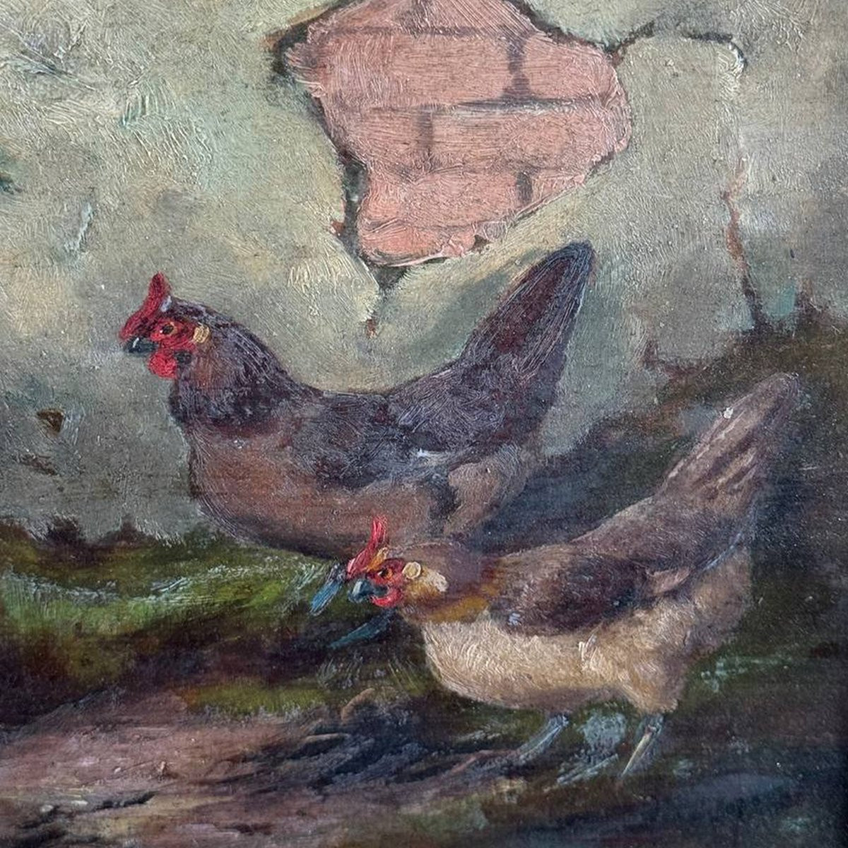 Dipinto ad Olio con Gallo e Galline Firmato E. S. England – Fine XIX Secolo-photo-4