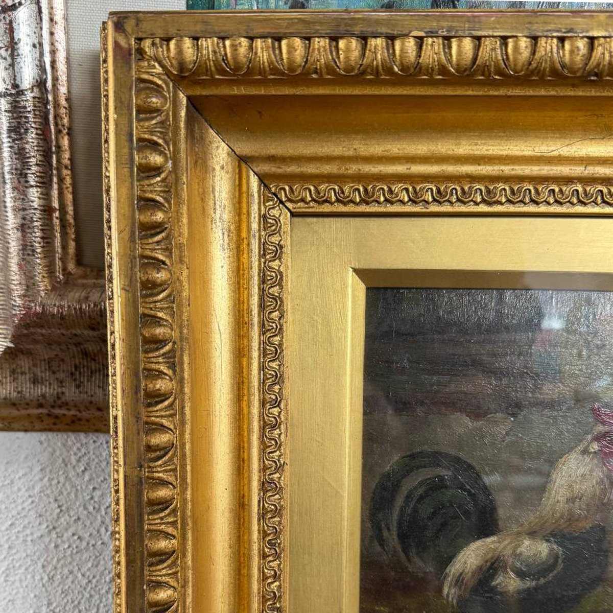 Dipinto ad Olio con Gallo e Galline Firmato E. S. England – Fine XIX Secolo-photo-5
