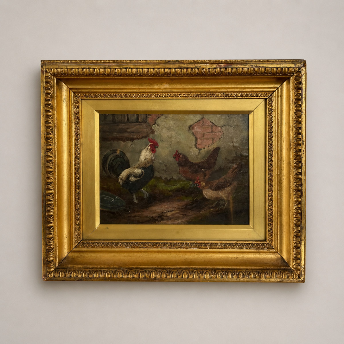 Dipinto ad Olio con Gallo e Galline Firmato E. S. England – Fine XIX Secolo