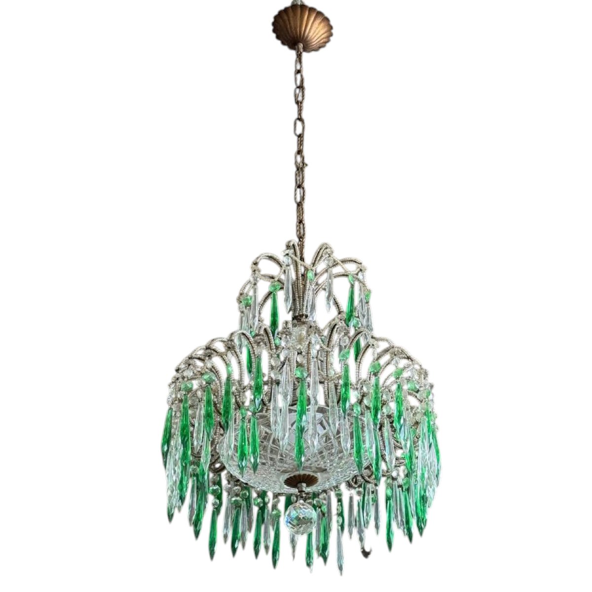 lampadario italiano in cristallo e pendenti verdi, anni ’40 / ’50-photo-4