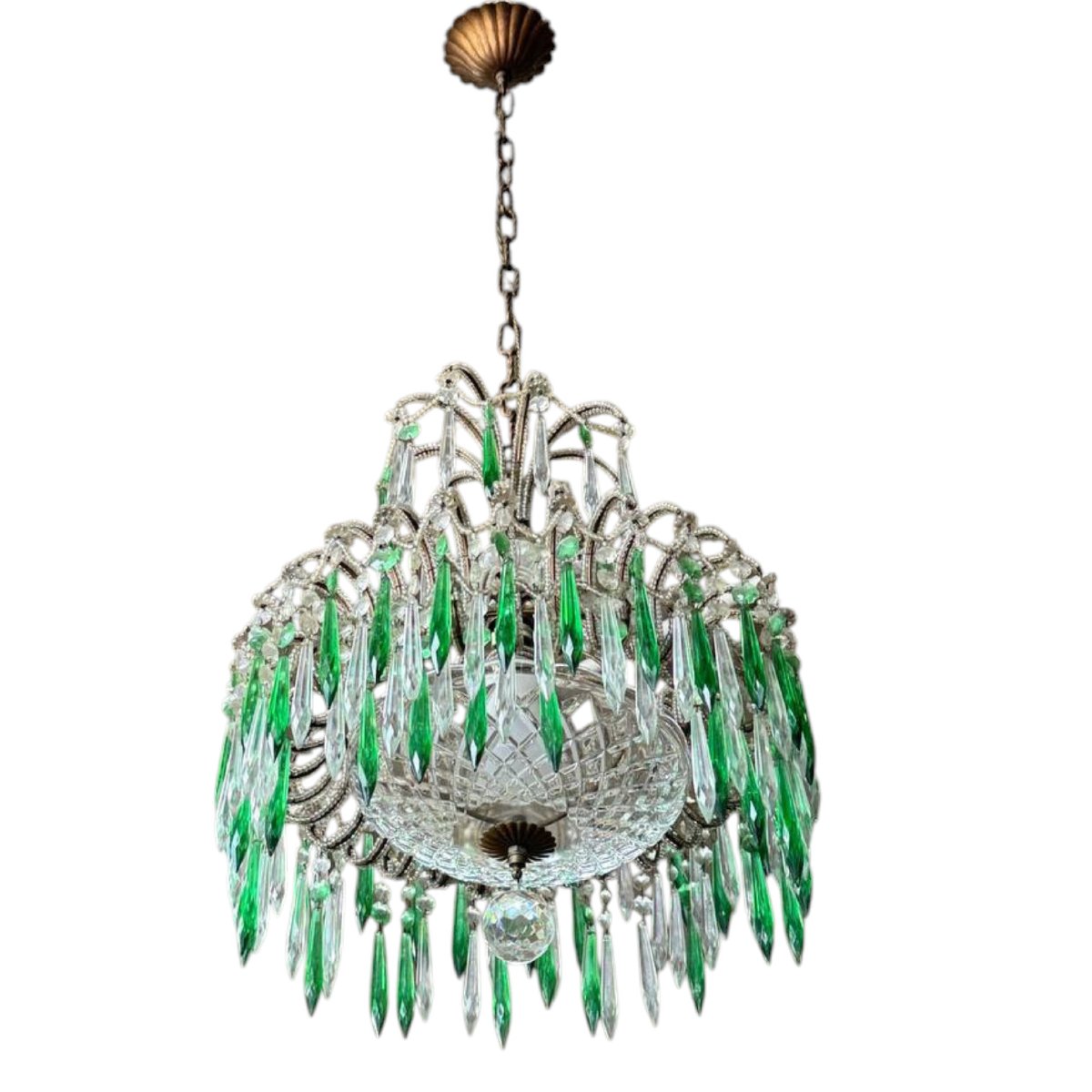 lampadario italiano in cristallo e pendenti verdi, anni ’40 / ’50-photo-5
