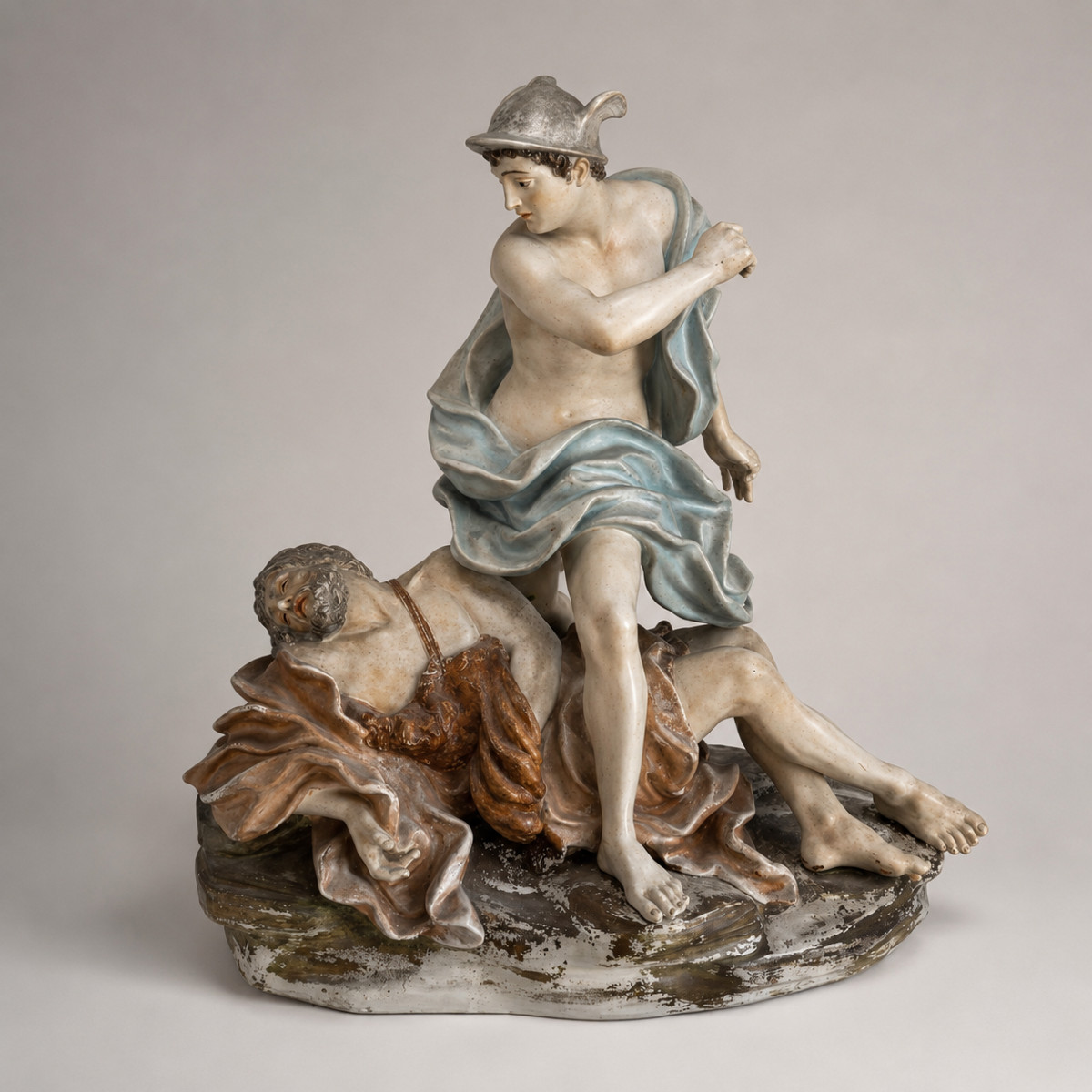 Importante gruppo in porcellana di Capodimonte raffigurante Mercurio e Argo