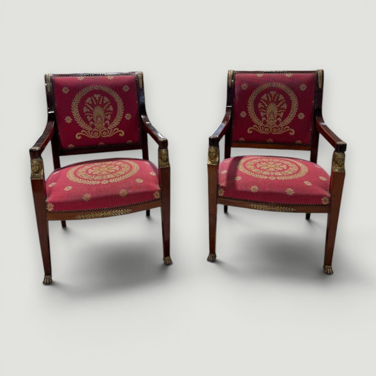 Coppia di poltrone Impero Napoleone III in legno e bronzo dorato