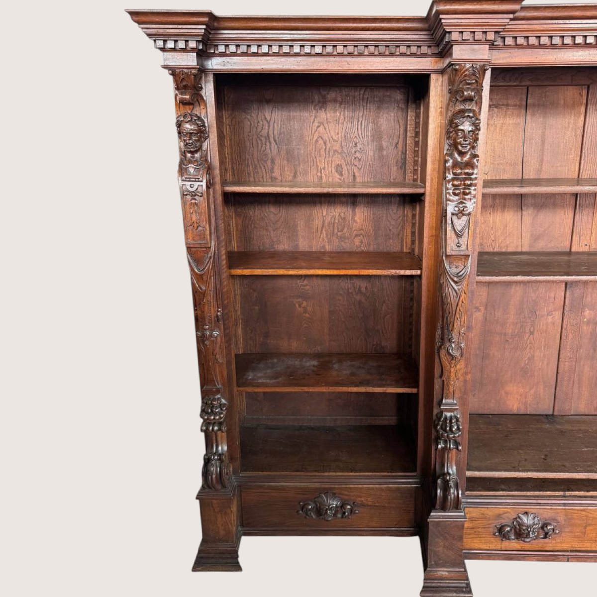 Importante libreria monumentale in noce scolpito, gusto Rinascimento, XIX secolo-photo-2
