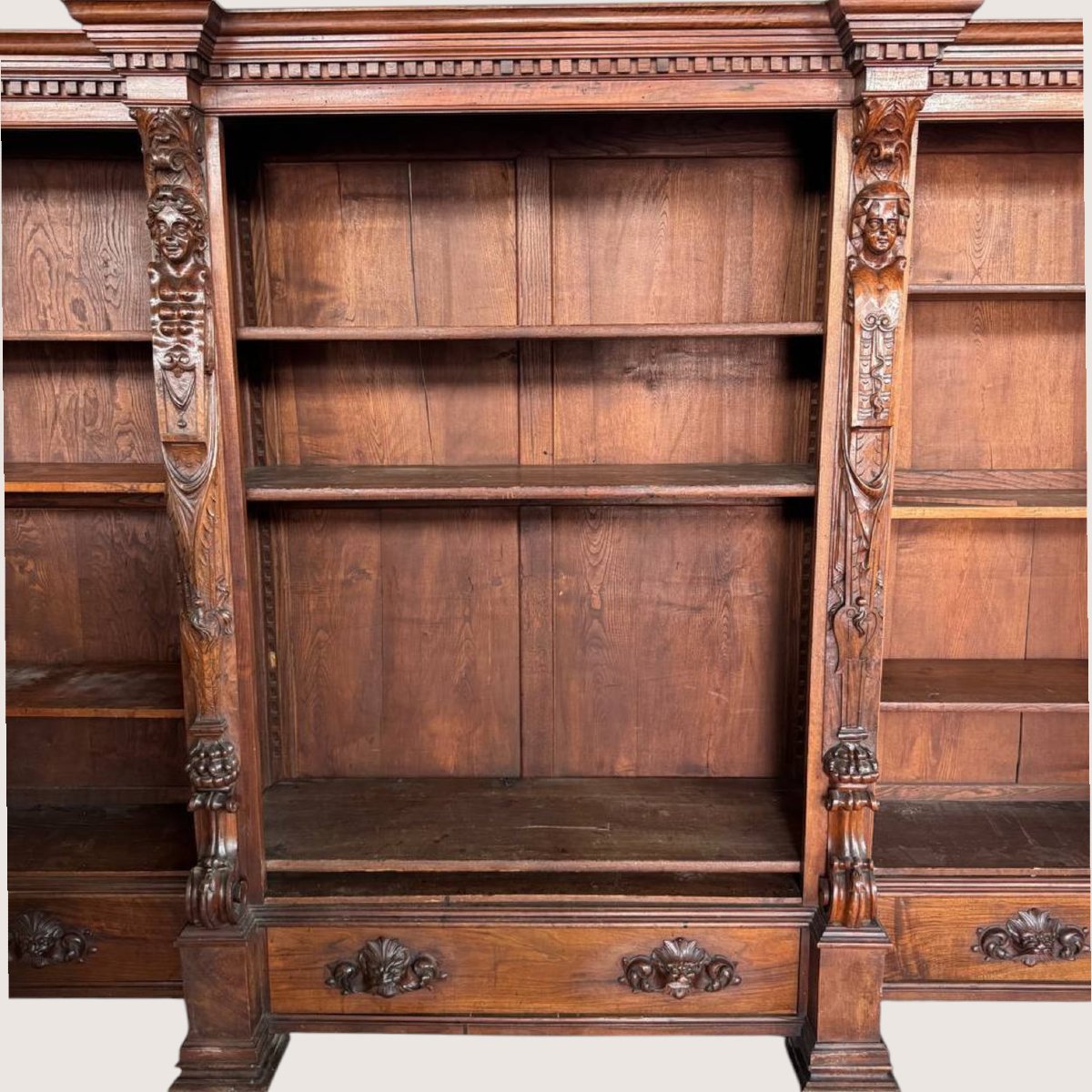 Importante libreria monumentale in noce scolpito, gusto Rinascimento, XIX secolo-photo-2