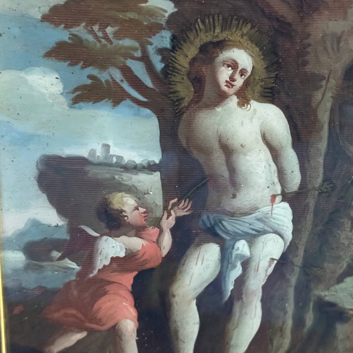 Scuola italiana, XVII-XVIII secolo – San Sebastiano curato da un angelo, dipinto sottovetro-photo-2