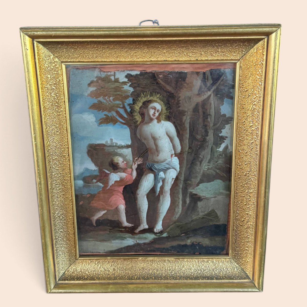 Scuola italiana, XVII-XVIII secolo – San Sebastiano curato da un angelo, dipinto sottovetro-photo-4