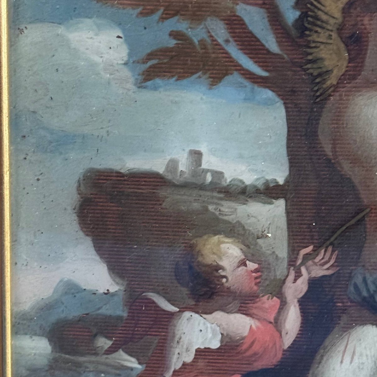 Scuola italiana, XVII-XVIII secolo – San Sebastiano curato da un angelo, dipinto sottovetro-photo-2
