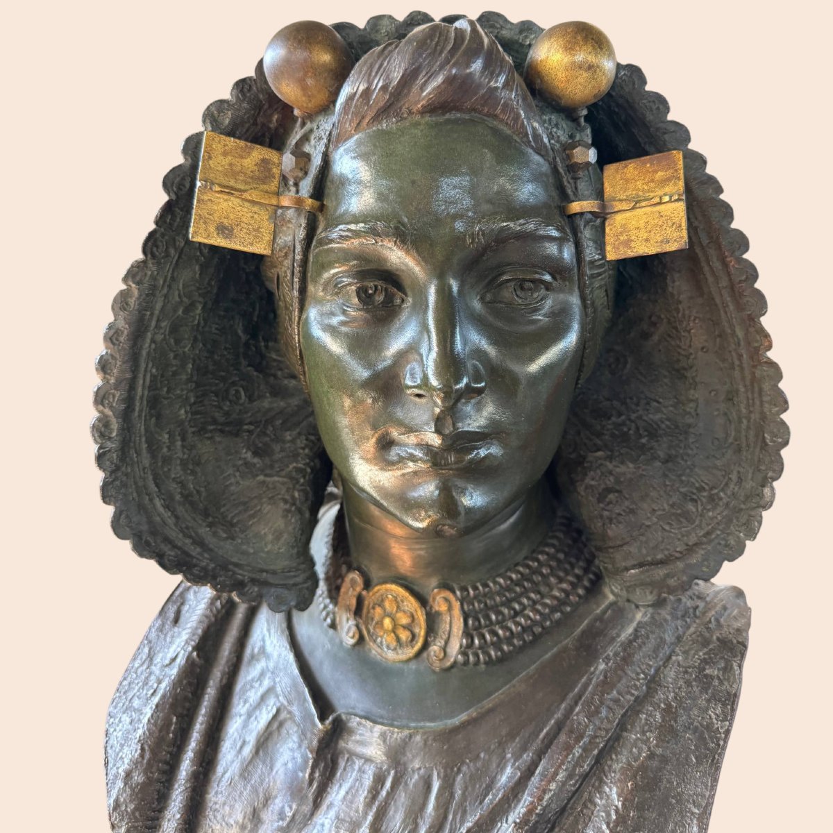 Costantino Barbella (1852–1925) – Importante busto femminile in bronzo firmato-photo-2