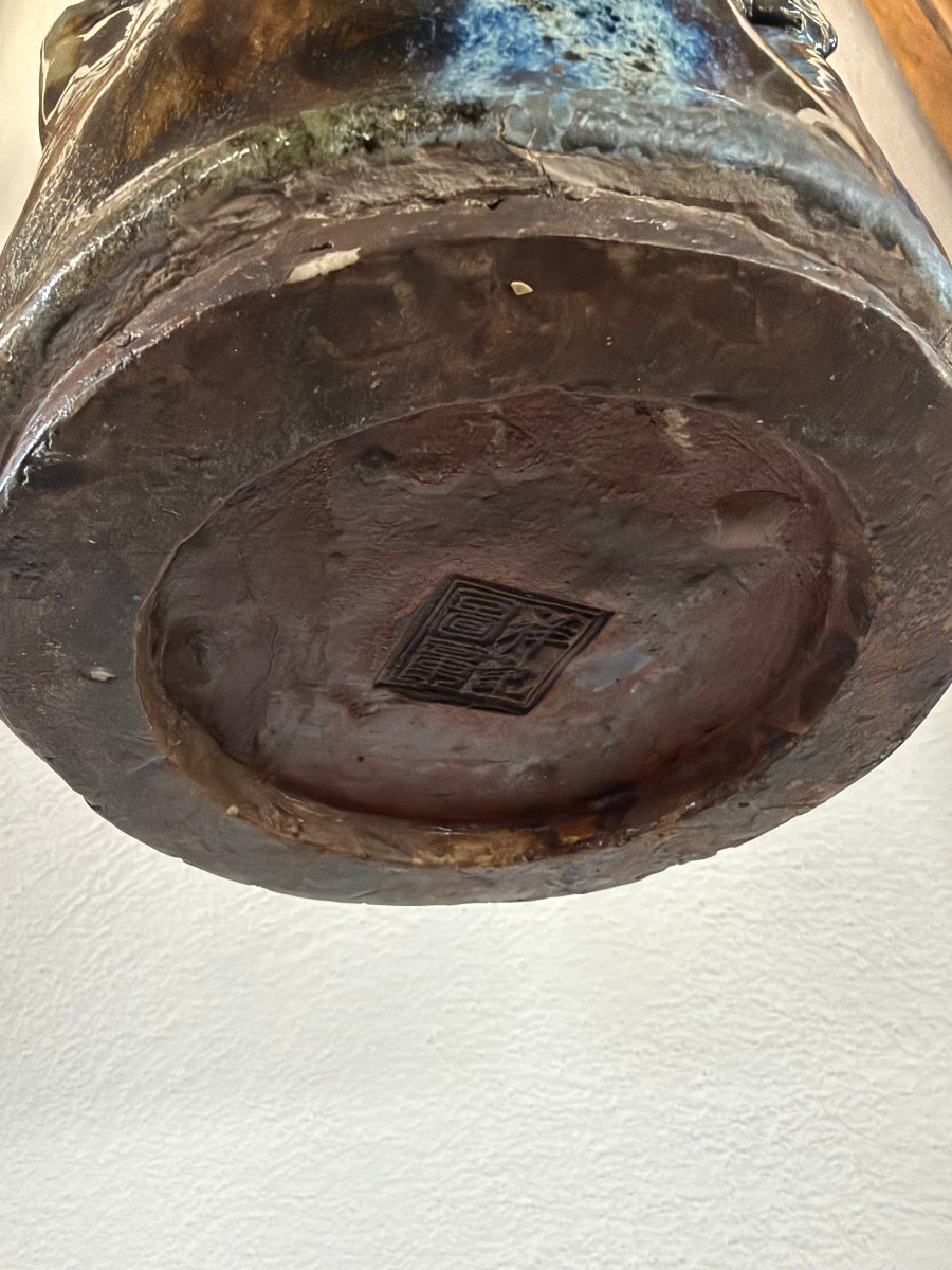 Vaso Antico in Grès di Shiwan Firmato "Pan Ji" – Scena di Saggi nel Paesaggio-photo-3