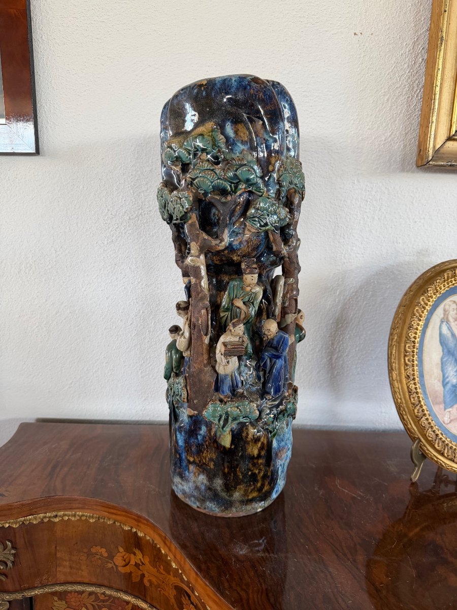 Vaso Antico in Grès di Shiwan Firmato "Pan Ji" – Scena di Saggi nel Paesaggio-photo-3