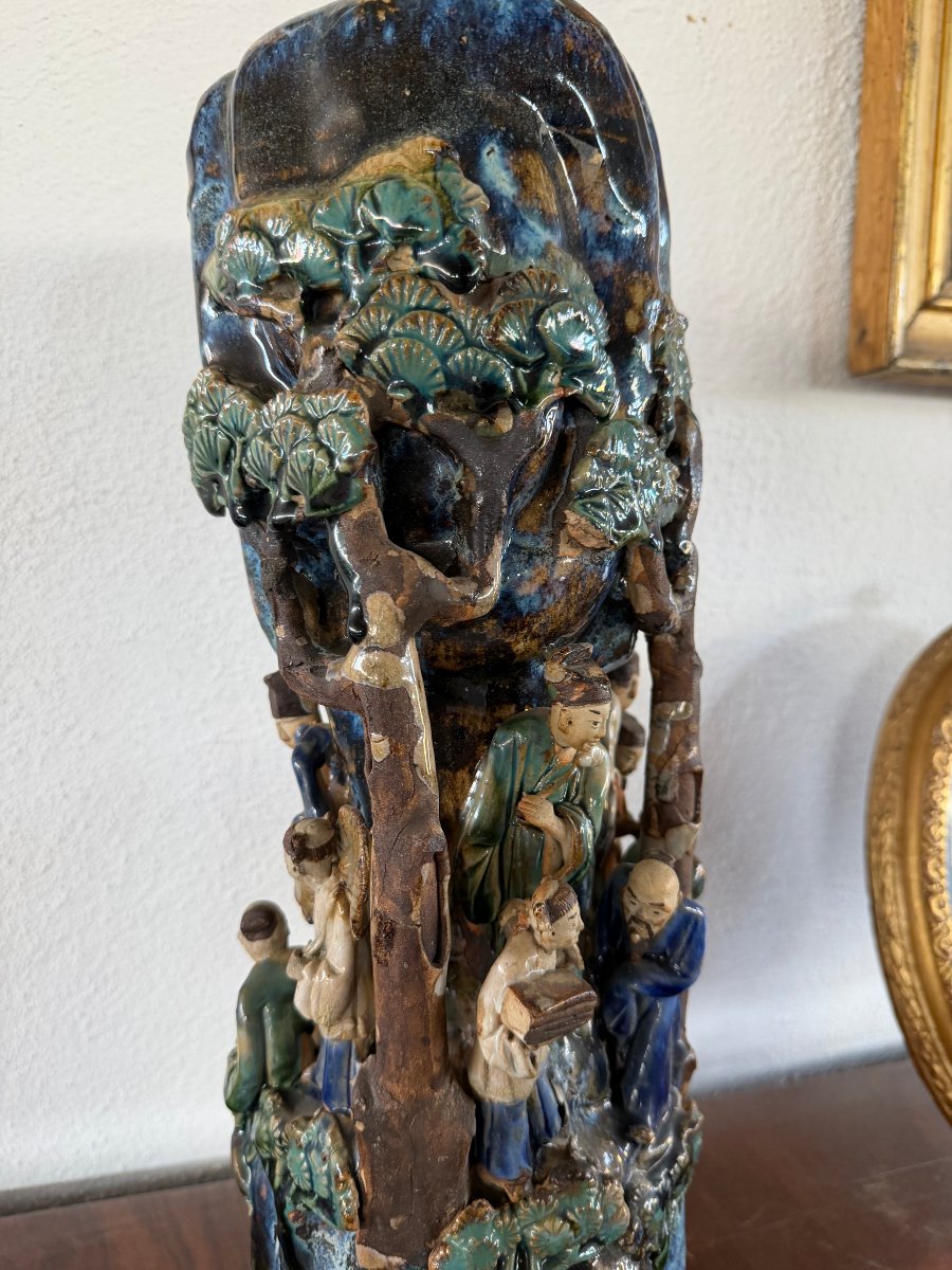 Vaso Antico in Grès di Shiwan Firmato "Pan Ji" – Scena di Saggi nel Paesaggio-photo-6