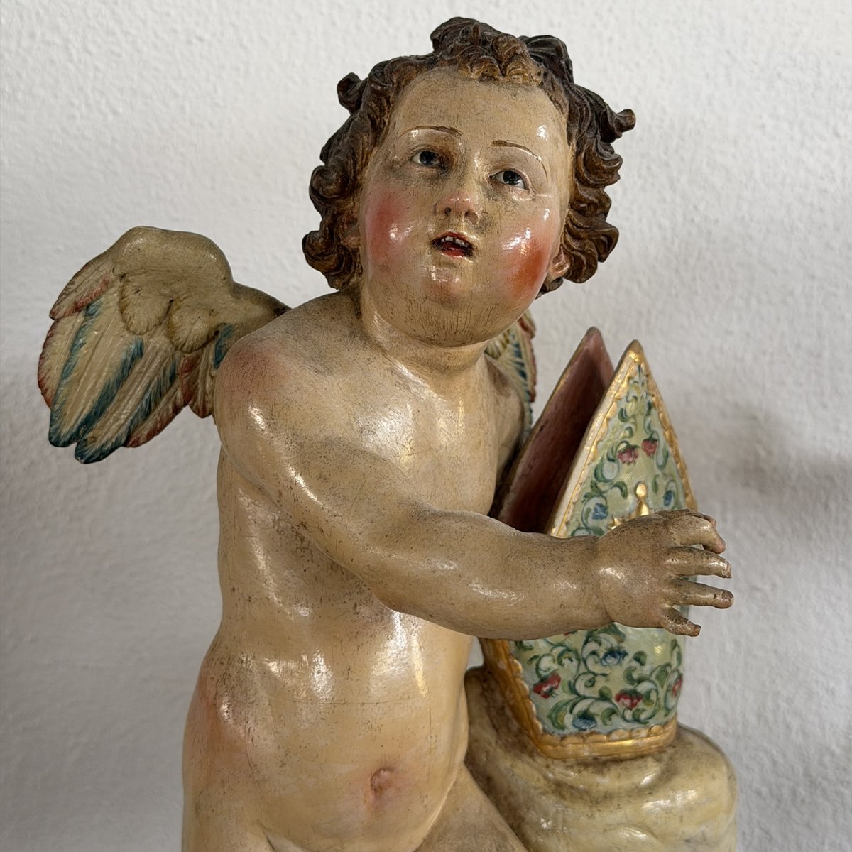 Antica e rara Coppia di angeli alati policromi con mitra - Napoli XVIII secolo-photo-2