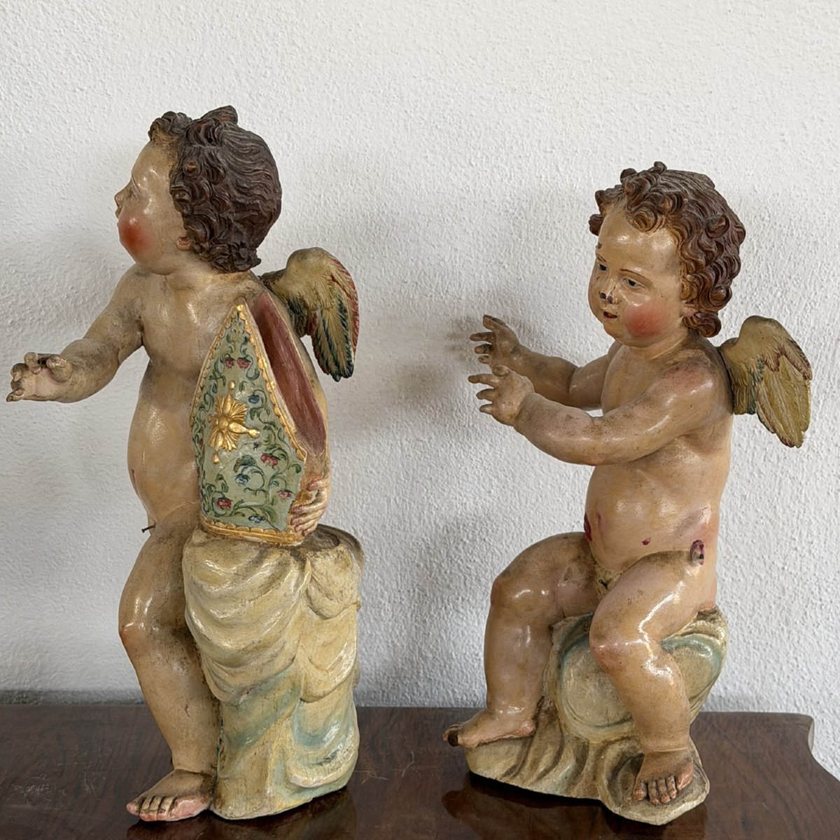 Antica e rara Coppia di angeli alati policromi con mitra - Napoli XVIII secolo-photo-6