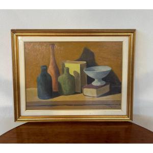 Lio Tognocchi – Natura morta con bottiglie e libro, olio su tela firmato, XX secolo