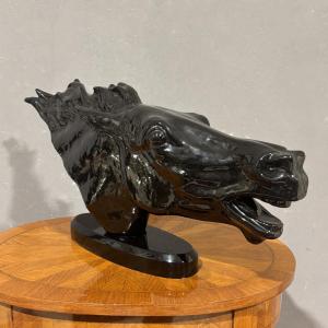 Scultura testa di cavallo in ceramica nera lucida