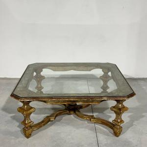 Tavolino basso in legno dorato stile Luigi XIV con piano in vetro