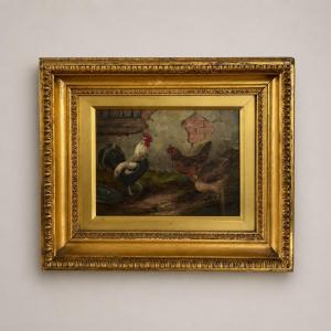 Dipinto ad Olio con Gallo e Galline Firmato E. S. England – Fine XIX Secolo