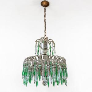 lampadario italiano in cristallo e pendenti verdi, anni ’40 / ’50
