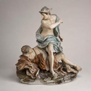 Importante gruppo in porcellana di Capodimonte raffigurante Mercurio e Argo