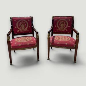 Coppia di poltrone Impero Napoleone III in legno e bronzo dorato