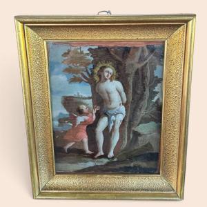 Scuola italiana, XVII-XVIII secolo – San Sebastiano curato da un angelo, dipinto sottovetro