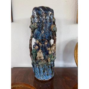Vaso Antico in Grès di Shiwan Firmato "Pan Ji" – Scena di Saggi nel Paesaggio