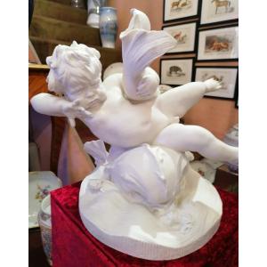 Large Porcelain Putti Riding A Dolphin - Sèvres 20th Century