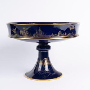Large Footed Sèvres Porcelain Bowl With Gold Decoration On A Blue Background