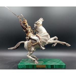 Hussar On Horseback, Polychrome Bronze By Giuseppe Vasari