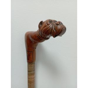 Folk Art Walking Stick With Bulldog Head