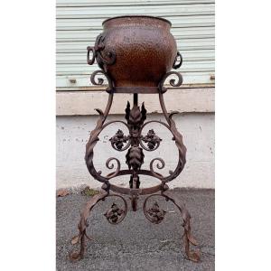 Copper Planter On Wrought Iron Base, Early 1900s