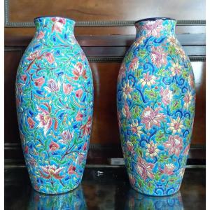 Pair Of Baluster Vases With Peony Design, 
