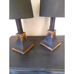 Pair Of Lamps In Black And Gilded Sheet Metal XIX è