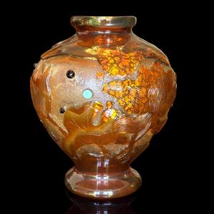 Gallé Vase With Cabochons, Water Lilies Design, Circa 1905