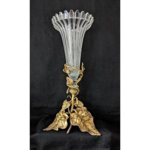 Large Cornet Vase In Crystal And Bronze