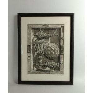 Engraving Erik Desmazieres (1948) Captive Sphere