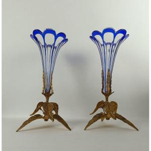 Pair Of Double Crystal Cone Vases - Napoleon III