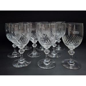 Set Of Nine Crystal Water Glasses – Count's Crown – 19th Century