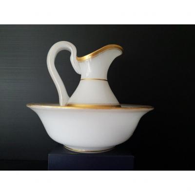 White And Gold Opaline Toilet Bowl And Pitcher