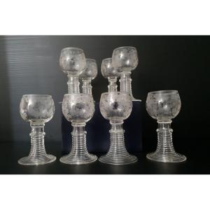 Six Engraved Crystal Rhinestone Wine Glasses.