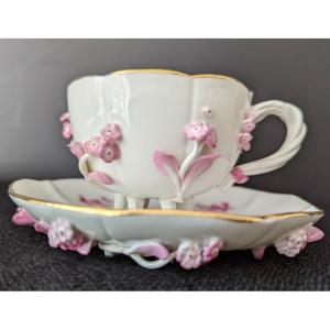 Cup And Saucer Meissen White And Pink Nineteenth.