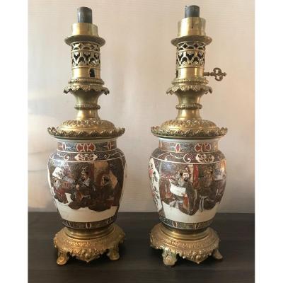 Pair Of Satsuma Lamp With Bronze Frame. Ref: Ch 04