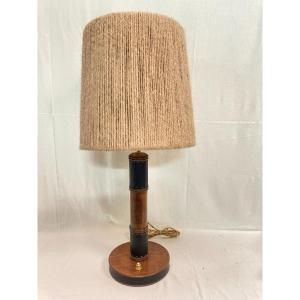 Sellier Wood And Quilted Leather Lamp By Jacques Adnet