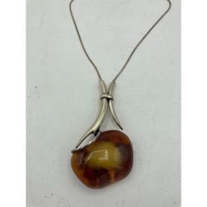 Necklace In Silver And And Amber Circa 1980