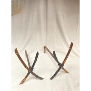 Pair Of Bamboo-style Andirons In Patinated And Gilded Metal Attributed To Baguès