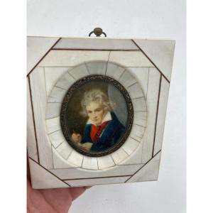 Miniature Portrait Of Ludwig Von Beethoven On Ivory In Ivory Frame