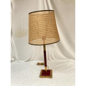 Leather And Bronze Covered Lamp By Jacques Adnet
